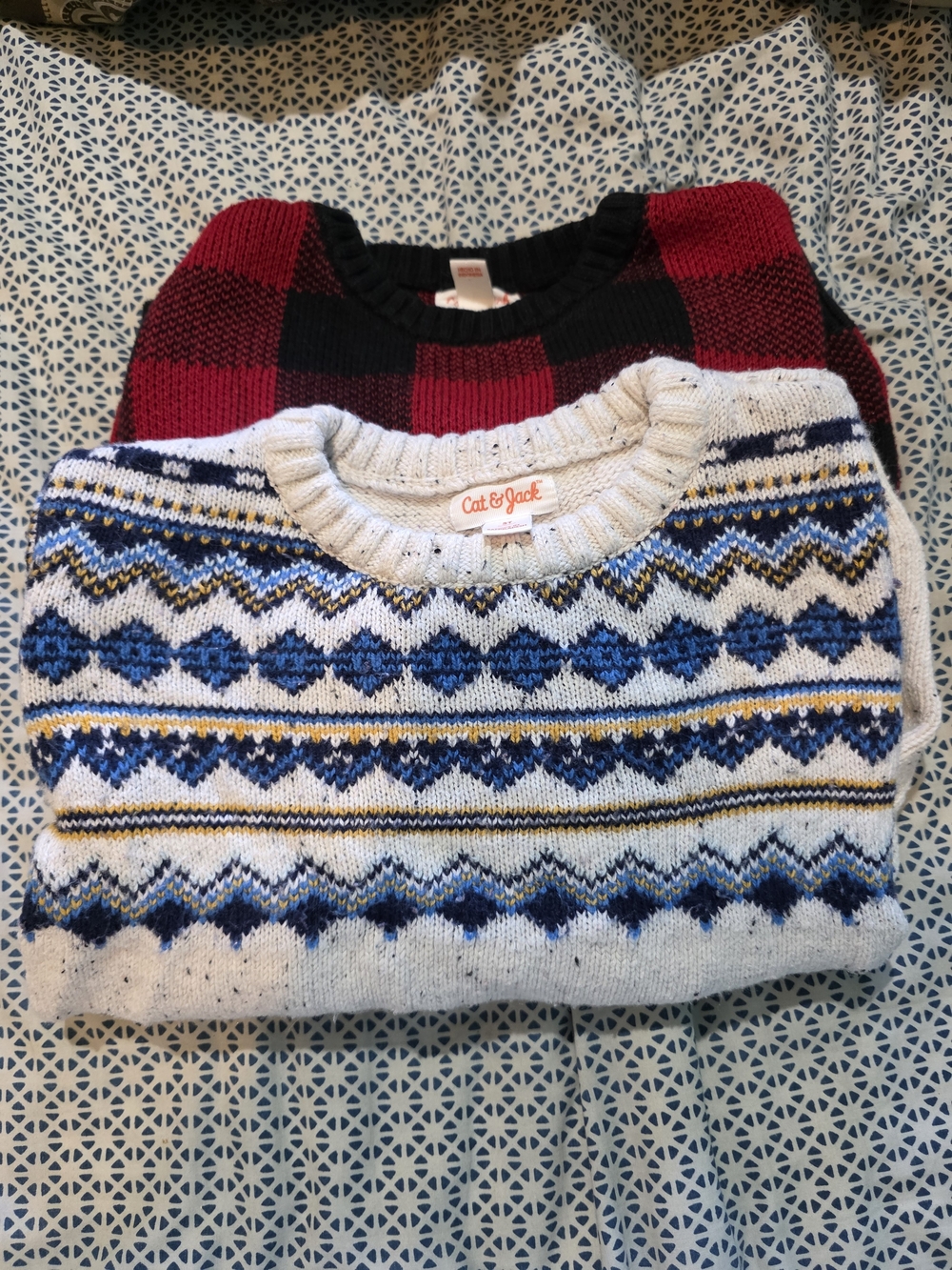 2 Piece Boy Cat & Jack White Fair Isle & Red Black Geometric Crewneck Sweaters
